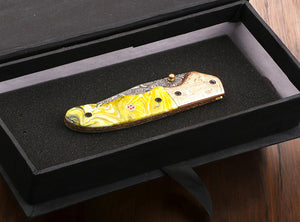 Handmade Damascus Steel Folding Knife with engraved Bolster and Resin Handle. Free Engraving and USA Shipping. Pro-Vigoroso1916
