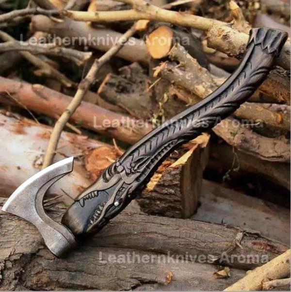 Hand Forged Carbon Steel Viking Axe with Dark Crafted Crocodile on Ash wood Shaft. Free Gift Damascus Steel Ring. Pro-Bello1440