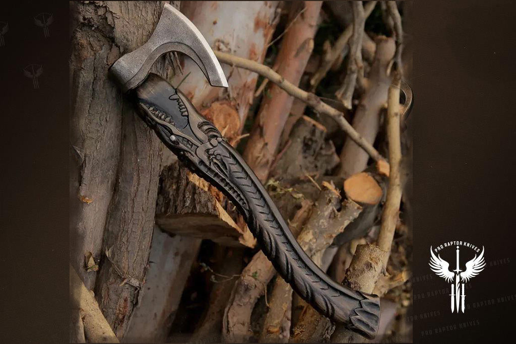 Hand Forged Carbon Steel Viking Axe with Dark Crafted Crocodile on Ash wood Shaft. Free Gift Damascus Steel Ring. Pro-Bello1440