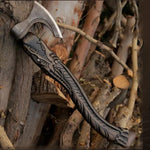 Hand Forged Carbon Steel Viking Axe with Dark Crafted Crocodile on Ash wood Shaft. Free Gift Damascus Steel Ring. Pro-Bello1440