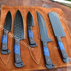 Handmade D2 Steel Textured Kitchen Chef Set with Powder Coated .  Free Damascus Steel Ring. Pro-Robusto1446