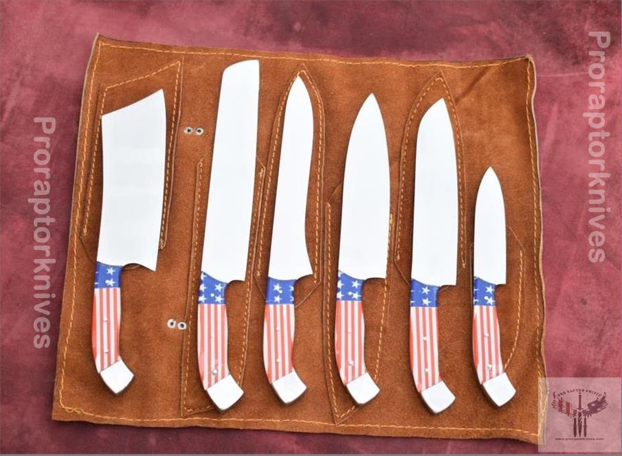 Handmade J2 Plain Steel Chef Set with USA Flag Resin Handle.  Free Damascus Steel Ring. LA-Robusto 1449