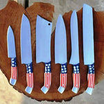 Handmade J2 Plain Steel Chef Set with USA Flag Resin Handle.  Free Damascus Steel Ring. LA-Robusto 1449