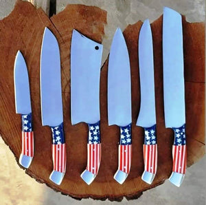 Handmade J2 Plain Steel Chef Set with USA Flag Resin Handle.  Free Damascus Steel Ring. LA-Robusto 1449