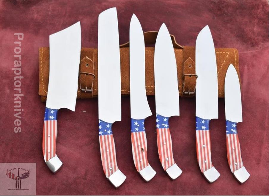 Handmade J2 Plain Steel Chef Set with USA Flag Resin Handle.  Free Damascus Steel Ring. LA-Robusto 1449