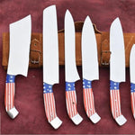 Handmade J2 Plain Steel Chef Set with USA Flag Resin Handle.  Free Damascus Steel Ring. LA-Robusto 1449