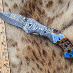 Handmade Damascus Steel Resin Handle Folding Knife with Pocket Holding Clip. Pro-Vigoroso1451