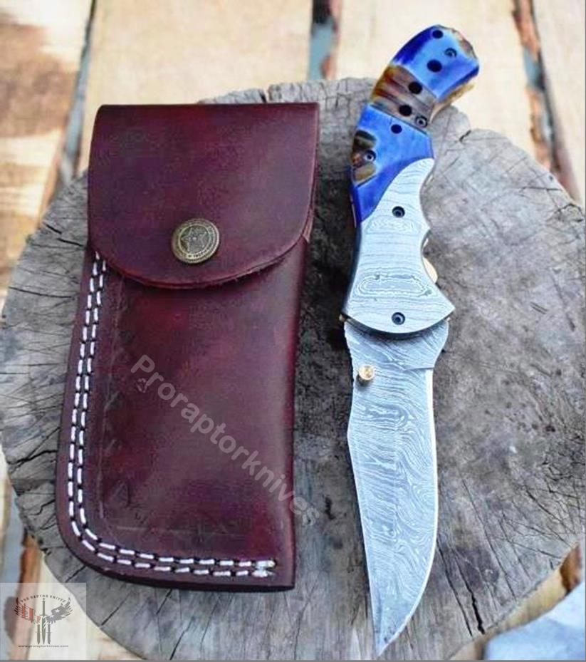 Handmade Damascus Steel Resin Handle Folding Knife with Pocket Holding Clip. Pro-Vigoroso1451