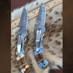 Handmade Damascus Steel Resin Handle Folding Knife with Pocket Holding Clip. Pro-Vigoroso1451