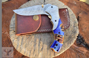 Handmade Damascus Steel Resin Handle Folding Knife with Pocket Holding Clip. Pro-Vigoroso1451