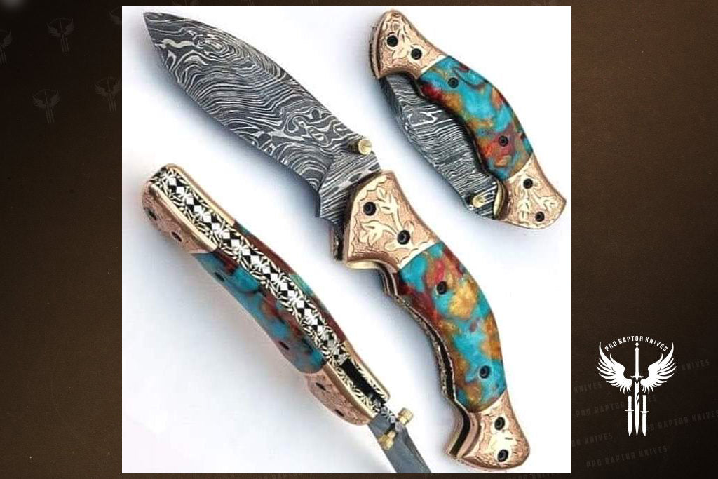 Handmade Damascus Steel Folding Knife with Engraved Bolster & Pommel. Pro-Vigoroso1453