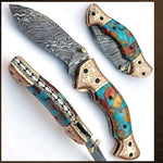 Handmade Damascus Steel Folding Knife with Engraved Bolster & Pommel. Pro-Vigoroso1453