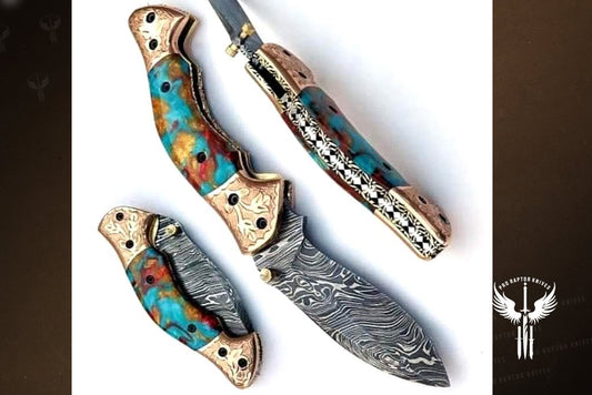 Handmade Damascus Steel Folding Knife with Engraved Bolster & Pommel. Pro1453
