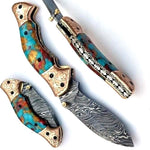 Handmade Damascus Steel Folding Knife with Engraved Bolster & Pommel. Pro-Vigoroso1453