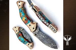 Handmade Damascus Steel Folding Knife with Engraved Bolster & Pommel. Pro-Vigoroso1453