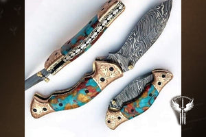 Handmade Damascus Steel Folding Knife with Engraved Bolster & Pommel. Pro-Vigoroso1453