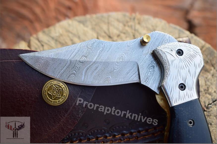 Handmade Damascus Steel Bull Horn Handle Folding Knife. Pro-Vigoroso1456