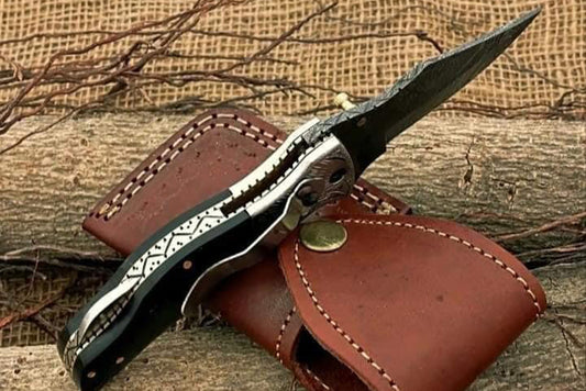 Handmade Damascus Steel Bull Horn Handle Folding Knife with Pocket Clipper. Pro1456
