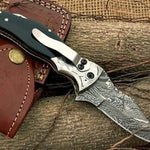 Handmade Damascus Steel Bull Horn Handle Folding Knife. Pro-Vigoroso1456