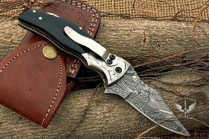 Handmade Damascus Steel Bull Horn Handle Folding Knife with Pocket Clipper. Free Engraving and USA Shipping. Pro-Vigoroso1456