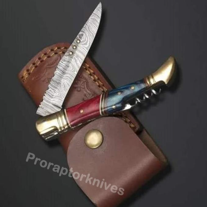 Handmade Damascus Steel Dollar Sheet Handle Knife with Bottle Cork Opener. Pro-Vigoroso1457