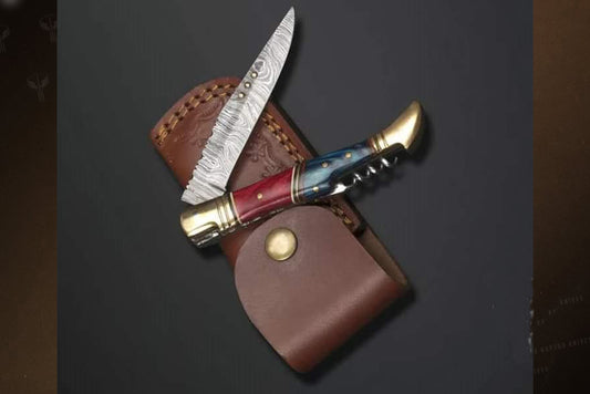 Handmade Damascus Steel Dollar Sheet Slim Handle Knife with Bottle Cork Opener. Pro1457