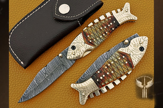 Handmade Damascus Steel Fish Shape Folding Knife with Engraved Handle. Pro1458