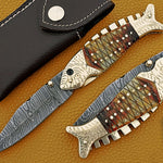 Handmade Damascus Steel Hunting Folding Knife with Engraved Brass & Resin Handle. Pro-Capolavoro1458