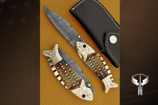 Handmade Damascus Steel Fish Shape Folding Knife with Engraved Handle. Pro1458