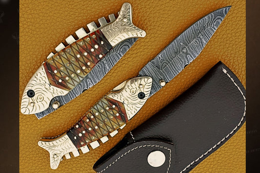 Handmade Damascus Steel Fish Shape Folding Knife with Engraved Handle. Pro1458
