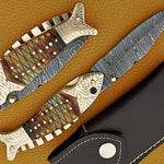 Handmade Damascus Steel Hunting Folding Knife with Engraved Brass & Resin Handle. Pro-Capolavoro1458