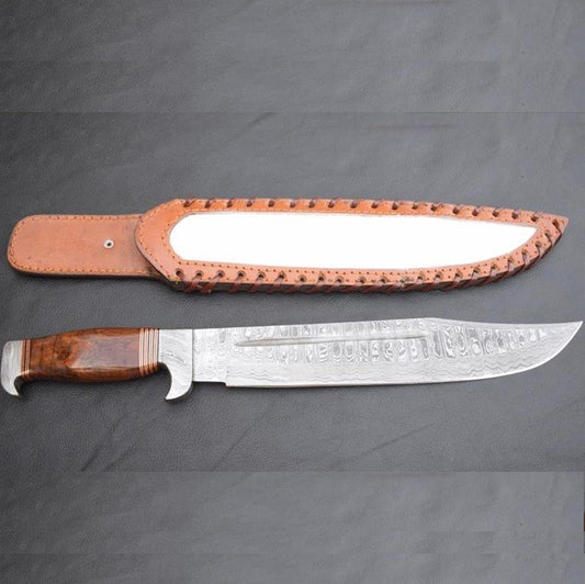 Handmade Damascus Steel Hunting Bowie with Rosewood and Brass lining handle. Pro1462