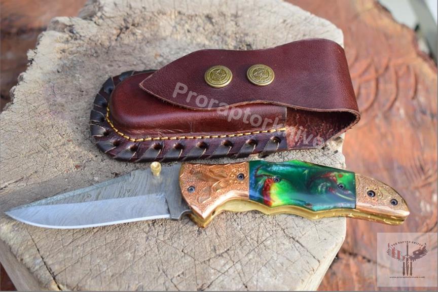 Handmade Damascus Steel Pocket Knife with Tie & Dye Resin Handle. Pro-Vigoroso1471