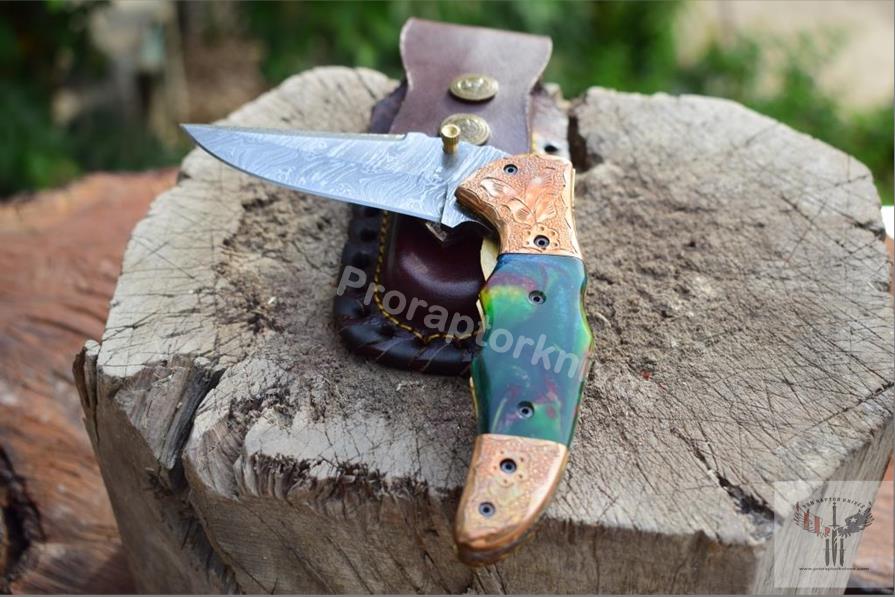 Handmade Damascus Steel Pocket Knife with Tie & Dye Resin Handle. Pro-Vigoroso1471