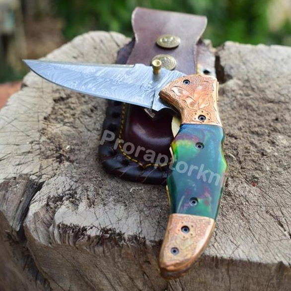 Handmade Damascus Steel Pocket Knife with Tie & Dye Resin Handle. Pro-Vigoroso1471