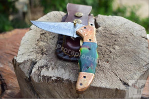 Handmade Damascus Steel Pocket Knife with Tie & Dye Resin Handle. Pro-Vigoroso1471