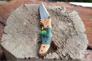 Handmade Damascus Steel Pocket Knife with Tie & Dye Resin Handle. Pro-Vigoroso1471