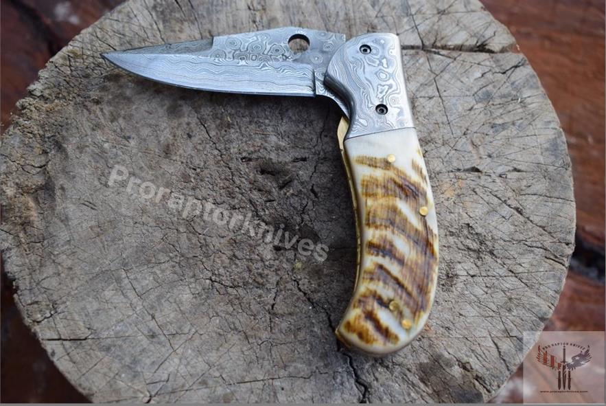 Handmade Damascus Steel Pocket Knife with Lamb Horn Handle. Pro-Vigoroso1472