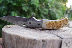 Handmade Damascus Steel Pocket Knife with Lamb Horn Handle. Pro-Vigoroso1472