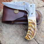 Handmade Damascus Steel Pocket Knife with Lamb Horn Handle. Pro-Vigoroso1472