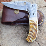 Handmade Damascus Steel Pocket Knife with Lamb Horn Handle. Pro-Vigoroso1472