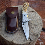 Handmade Damascus Steel Pocket Knife with Lamb Horn Handle. Pro-Vigoroso1472