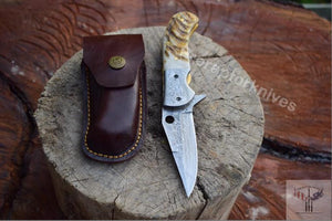 Handmade Damascus Steel Pocket Knife with Lamb Horn Handle. Pro-Vigoroso1472