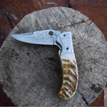 Handmade Damascus Steel Pocket Knife with Lamb Horn Handle. Pro-Vigoroso1472