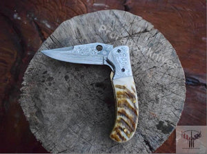 Handmade Damascus Steel Pocket Knife with Lamb Horn Handle. Pro-Vigoroso1472