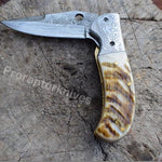 Handmade Damascus Steel Pocket Knife with Lamb Horn Handle. Pro-Vigoroso1472