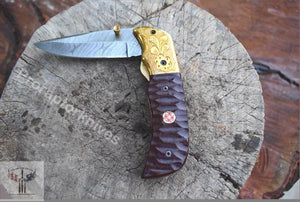 Handmade Damascus Steel Pocket Knife with Dark Brown Micarta Handle. Pro-Vigoroso1474