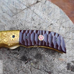 Handmade Damascus Steel Pocket Knife with Dark Brown Micarta Handle. Pro-Vigoroso1474