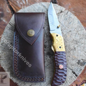 Handmade Damascus Steel Pocket Knife with Dark Brown Micarta Handle. Pro-Vigoroso1474