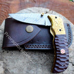 Handmade Damascus Steel Pocket Knife with Dark Brown Micarta Handle. Pro-Vigoroso1474